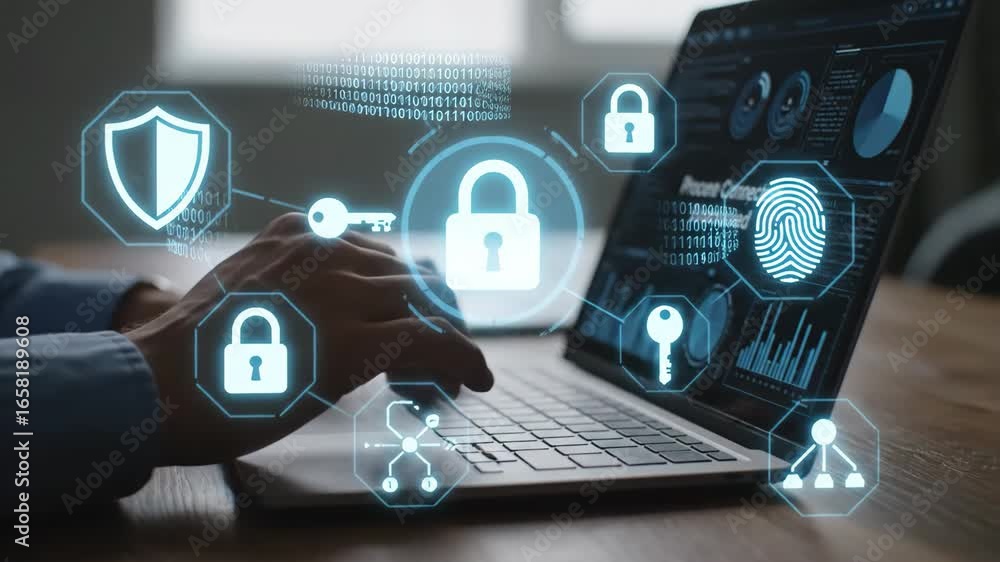Poster cybersecurity professional working on laptop - close-up shot of a person's hands typing on a laptop 