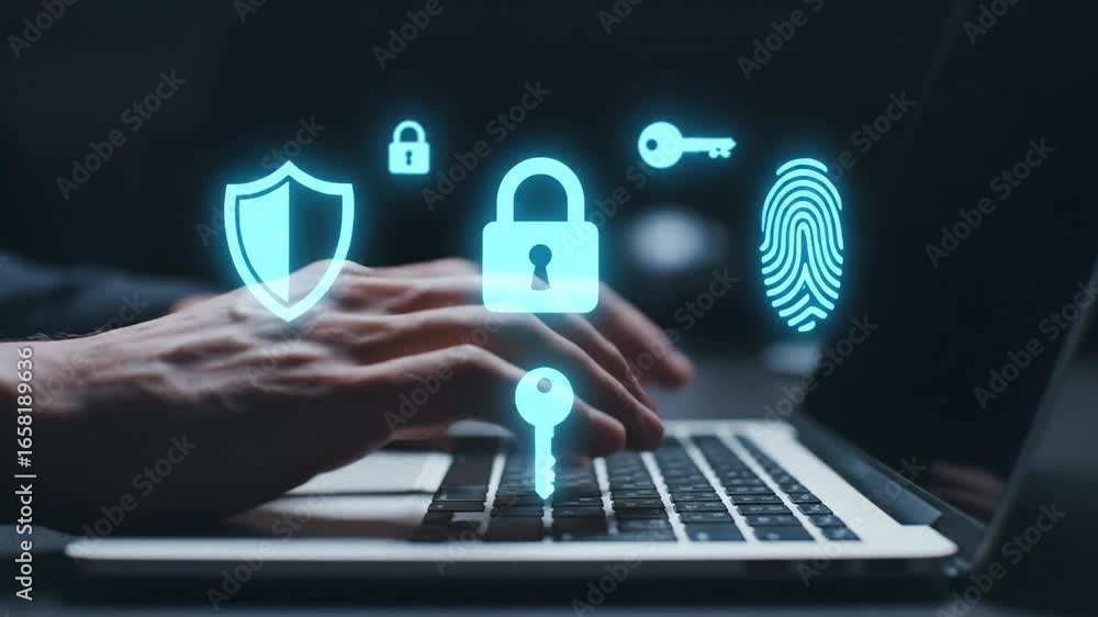 Poster cybersecurity: hands typing on laptop with digital security icons - close-up of hands typing on a la
