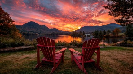 Two red chairs face a lake with mountains reflecting sunset colors in still water