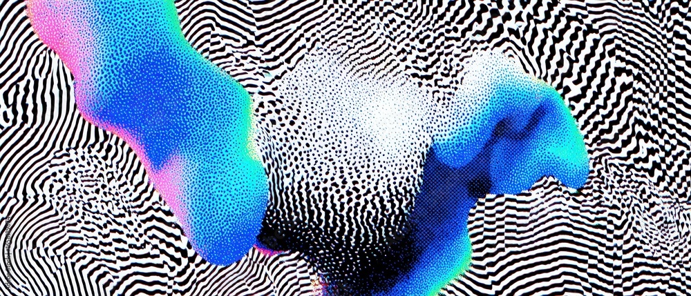 Aufkleber abstract background with vibrant blue and pink gradient blob on a black and white striped pattern co