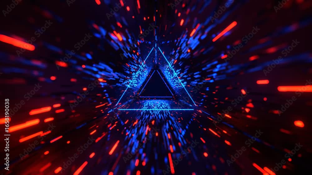 Poster flying through futuristic glowing neon triangle tunnel with fast light particles seamless loop anima