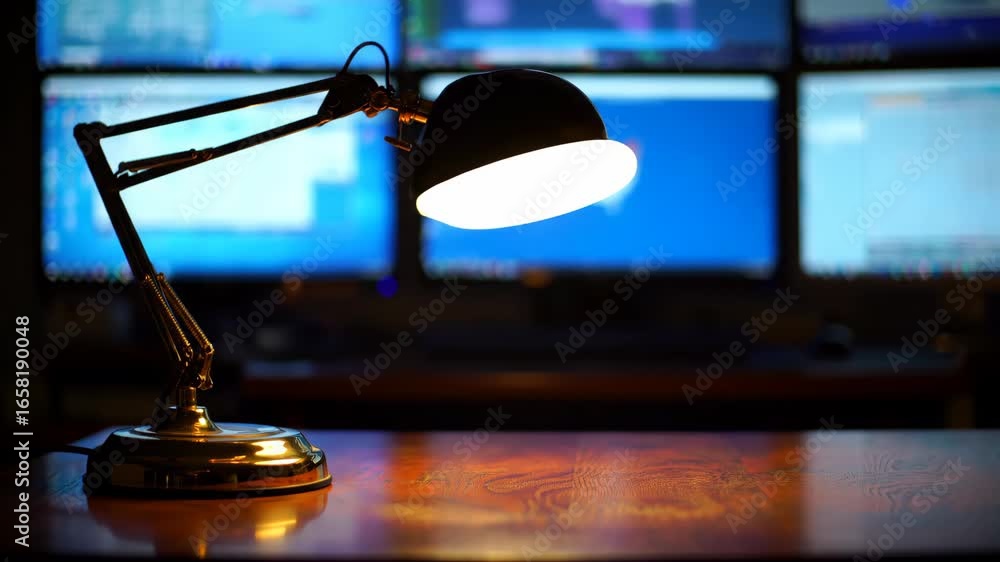 Poster illuminated desk lamp in office setting with computer monitors