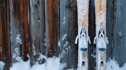 Snowy skis stand against an aged wooden fence, hints of snowy powder at the base