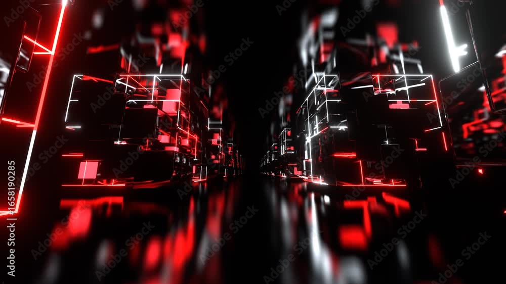 Poster flying through futuristic abstract city with glowing red neon lights seamless loop animation backgro