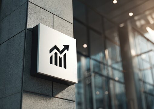 White square sign with a black upward trending graph icon mounted on a gray office building exterior