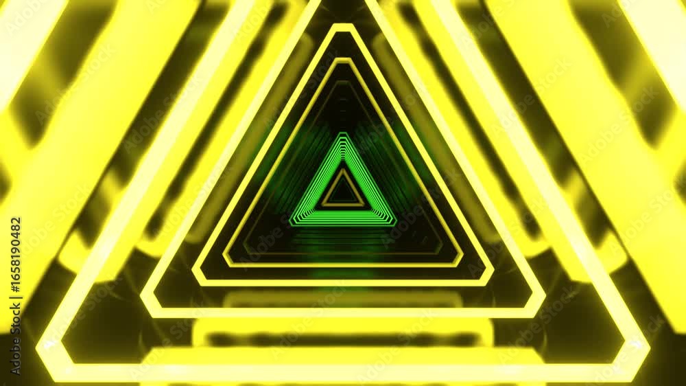 Poster flying through glowing green and yellow neon triangle tunnel futuristic seamless loop animation