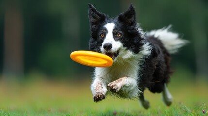 Fototapeta premium Border Collie Leaping to Catch Bright Yellow Frisbee on Green Lawn – Playful Dog in Full Motion Outdoors, Representing Joy, Speed, Active Pet Lifestyle, and Outdoor Fun