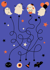Cute halloween game maze puzzle ghost vector pumpkin characters spooky backdrop for wrapping paper, poster, cartoon autumn fall print set. Trick or treat childish simple page.