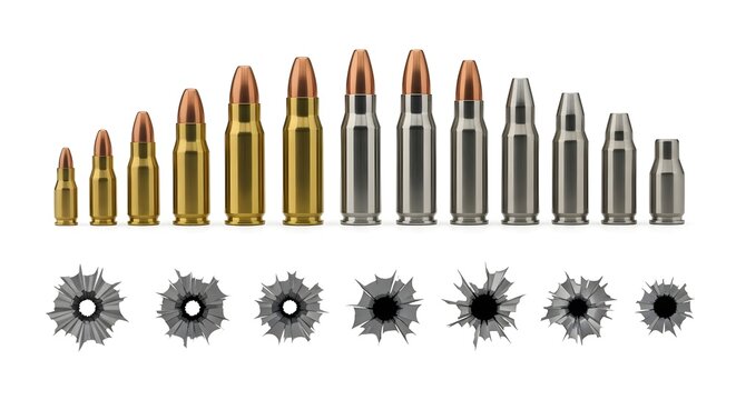 Various firearm cartridges and corresponding bullet holes, arranged in a comparative display.