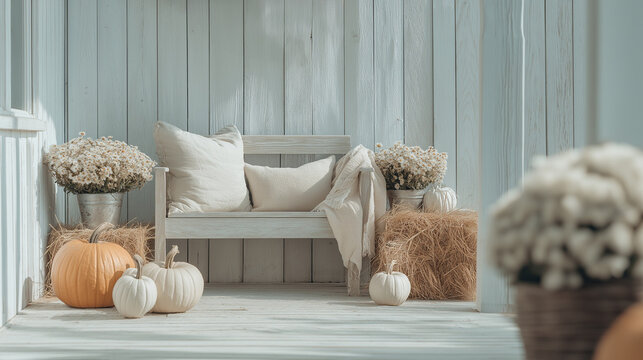 Fall entryway with pumpkins, plaid throw, and dried grass