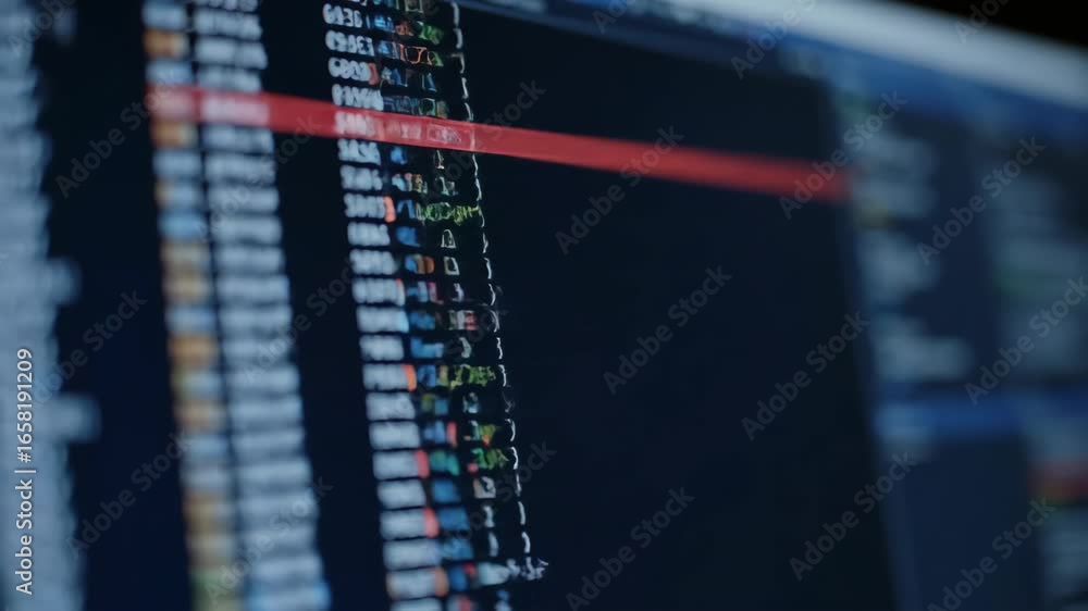 Poster computer screen with financial market data and trading values