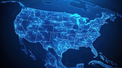 A digital map of the United States, illuminated in blue, highlighting various states with glowing outlines and features.