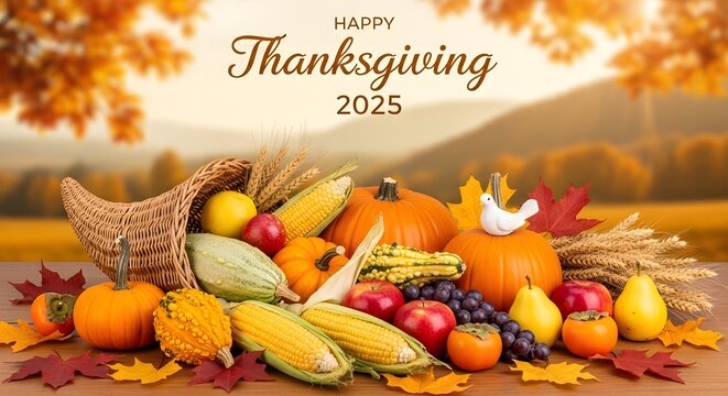 Abundant Thanksgiving harvest cornucopia overflowing with autumn fruits, vegetables, and grains against a scenic fall backdrop.