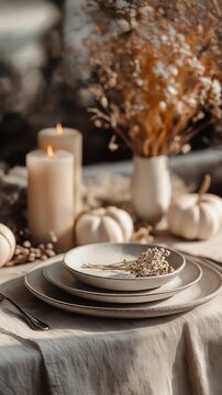 Rustic fall table setting with pumpkins, candle, and dried florals