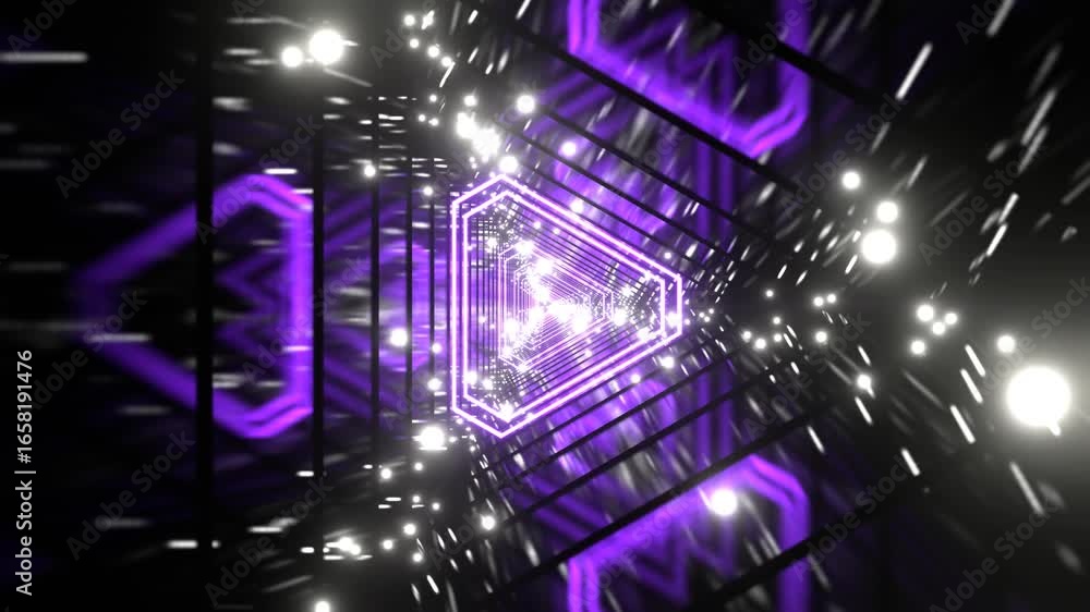 Poster flying through glowing futuristic geometric light tunnel with changing colors seamless loop animatio