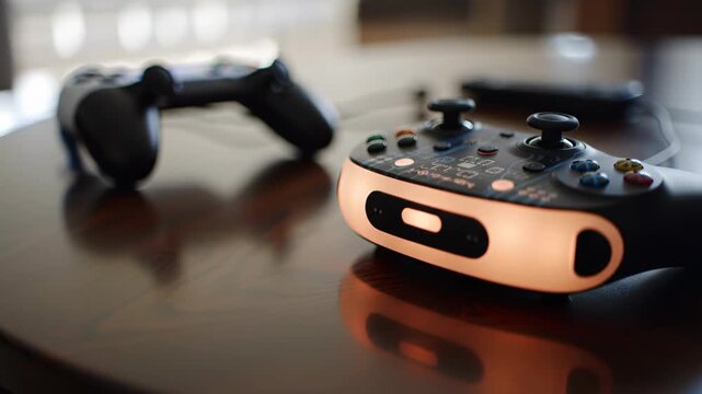 Game controllers resting on a wooden table surface in living room