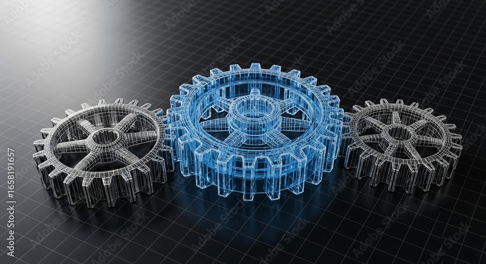 Poster three wireframe gears interlock on a grid background, symbolizing teamwork, collaboration, and effic