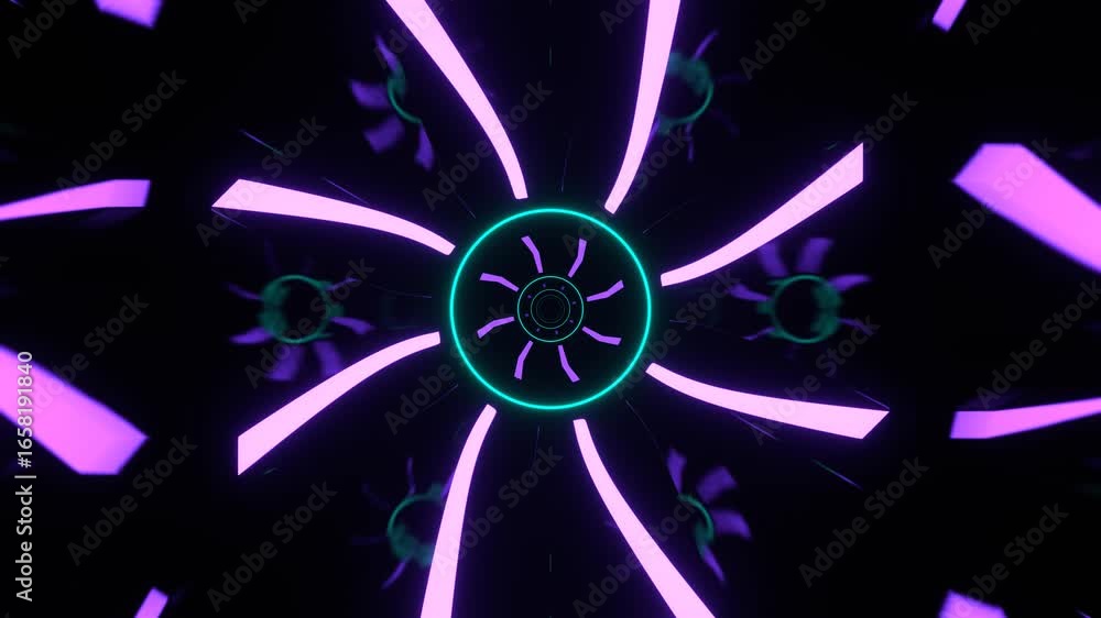 Poster flying through futuristic neon tunnel with rotating fans seamless loop motion graphics background