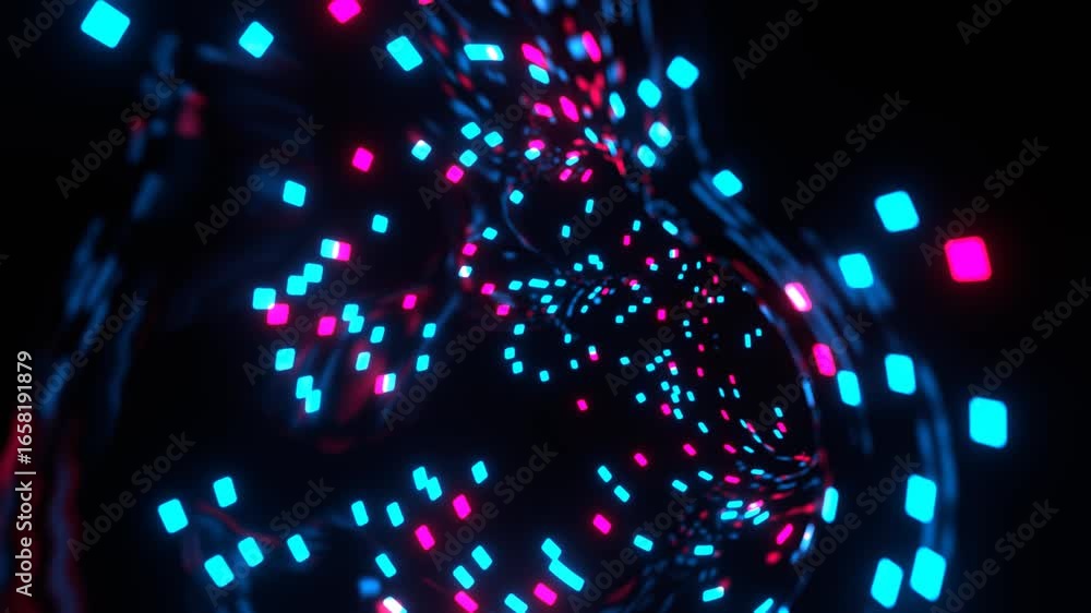 Poster flying through glowing futuristic digital wormhole tunnel with neon particles seamless loop motion a