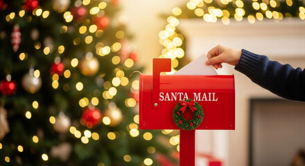 A child's hand mails a letter to Santa Claus in a festive red mailbox creating a magical Christmas moment with a beautifully lit tree in the warm background
