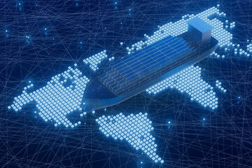 A blue ship is on a map of the world