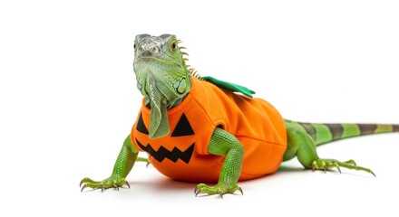Obraz premium iguana dressed as a pumpkin jack-o-lantern Halloween costume, celebration