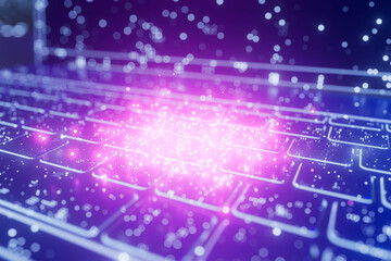 A computer keyboard with a purple background and a pink glowing spot