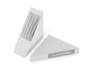 Fototapeta premium 3D render of triangular cardboard food packaging for sandwiches, pizza slices, or snacks. Realistic disposable carton box with transparent window.