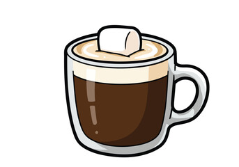 Mug with hot chocolate and marshmallow on white. For beverage, sweet recipe