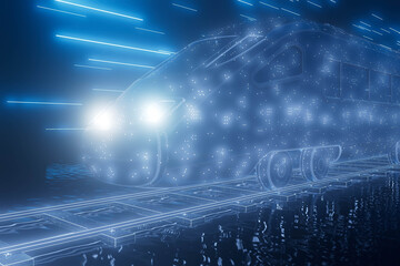 A train with lights on it is on a track