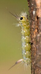 Close-up of a light green caterpillar clinging to a tree trunk