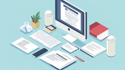 A modern workspace featuring a computer, documents, stationery, and a plant, designed for productivity and organization.