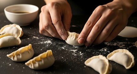 Expert hands crafting delicious dumplings with fresh ingredients showing delicate preparation process