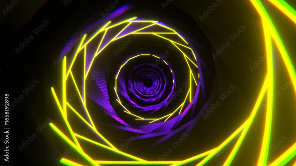 Poster flying through endless glowing futuristic neon spiral tunnel seamless loop motion animation backgrou