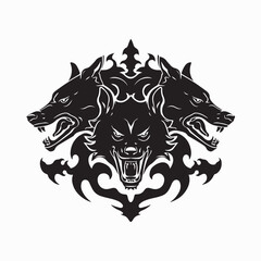 Symbolic silhouette vector logo of mythical Cerberus three-headed dog from ancient mythology