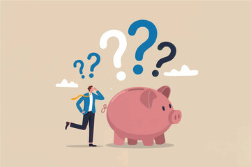 Confused businessman standing next to piggy bank with large question marks symbolizing financial uncertainty and dilemmas