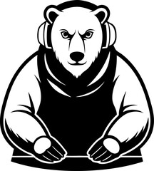 Polar bear DJ at an ice party silhouette  vector black , white background