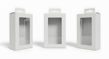 Three white cardboard boxes with transparent windows and hanging tabs are displayed on a white background.