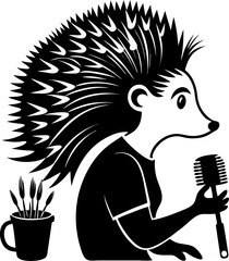 Porcupine hairdresser styling hair with quills silhouette  vector black , white background 