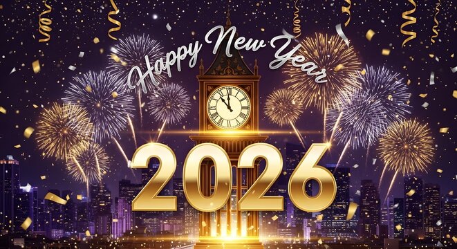 Festive New Year's Eve celebration featuring fireworks, a clock tower, and the year 2026.