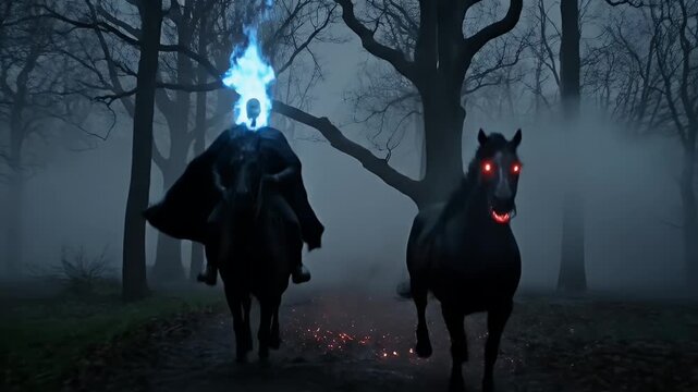 Headless Horseman with Blue Flame Head and Red Eyed Demonic Horse Galloping in Dark Foggy Haunted Forest at Night, Eerie Halloween Horror Scene.