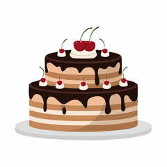 A black forest cake cake with dripping frosting and cherry toppings, presented on a plate.