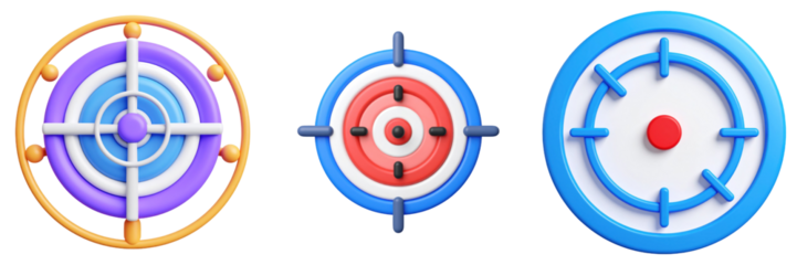 3D Plastic Style Target Icons Collection with Vibrant Colors and Clear Focus on Accuracy Representing Success and Precision in Various Applications