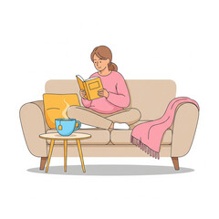 Flat illustration of a woman sitting on a cozy sofa, reading a book with a cup of tea beside her, bright but soft pastel colors