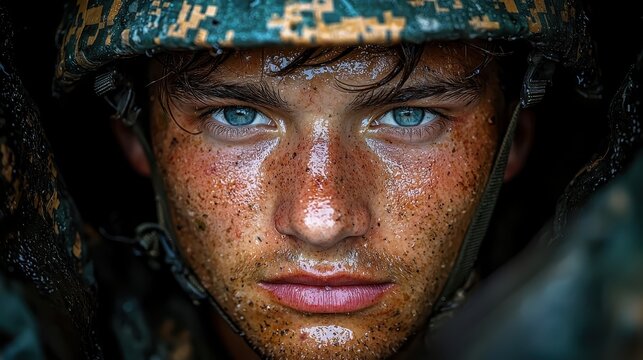A young soldier, clad in fatigues, holds a rifle, his gaze fixed on an unknown horizon, the battlefield stretching before him 