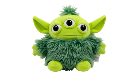 Cute green alien monster toy with three eyes isolated on transparent background