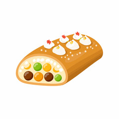 A delicious, colorful fcannoli tube, topped with whipped cream and sprinkles, presented on a white background.