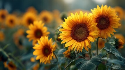 Obraz premium Close-up of blooming sunflowers in field with soft mountain background.