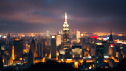 A vibrant city skyline illuminated by glowing lights against a softly blurred night backdrop.
