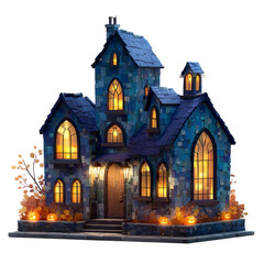 Spooky mansion Halloween haunted house with glowing jackolanterns.